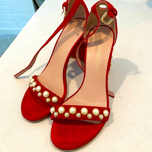 Stuart Weitzman red suede heels with pearls comfortable block heel worn TWICE!!! - Picture 2 of 7